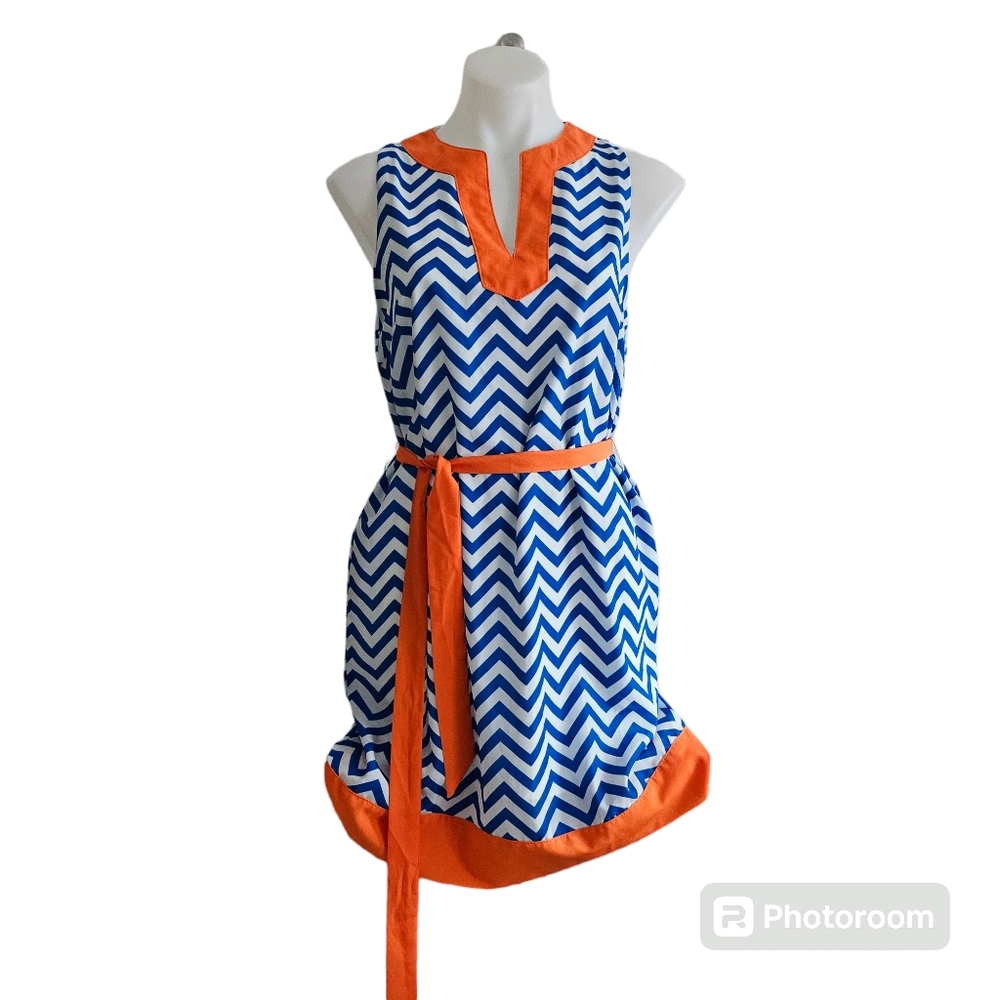 Mud Pie Blue, White and Orange Chevron Print Belted Dress Size M